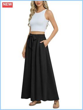 Womens Maxi Skirt Chiffon High Waisted Tie Knot Flowy Beach Long Skirt Pockets